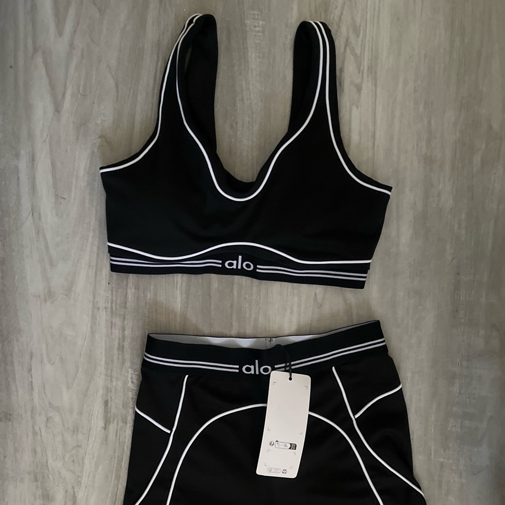 ALO Yoga Black Sports Bra and Leggings with White Accents